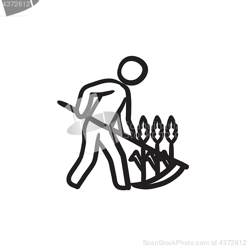 Image of Man mowing grass with scythe sketch icon.