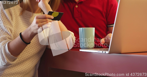 Image of Couple Using Laptop To Shop Online in modern apartment