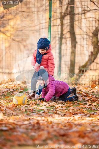 Image of The two little baby girls playing in autumn leaves