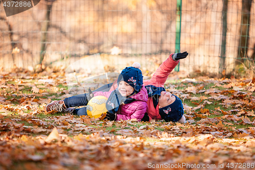 Image of The two little baby girls playing in autumn leaves