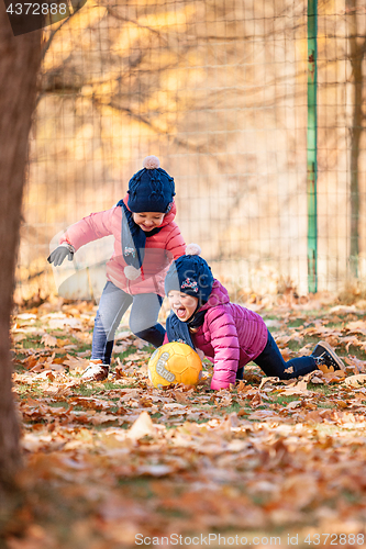 Image of The two little baby girls playing in autumn leaves