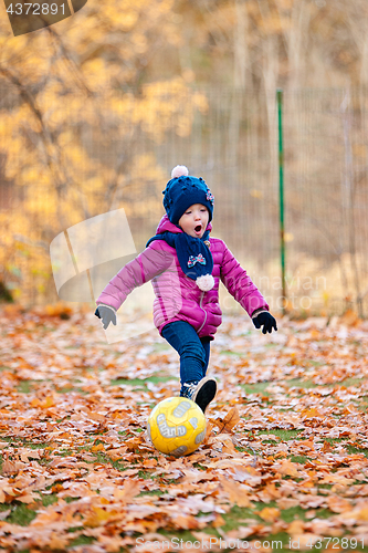 Image of The little baby girl playing in autumn leaves