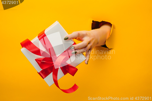 Image of close-up of female hand holding a present through a torn paper, isolated