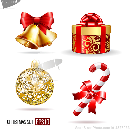Image of Bells, gift box, candycane and christmas ball