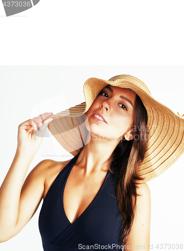 Image of young pretty brunette woman wearing summer hat and swimsuit isol