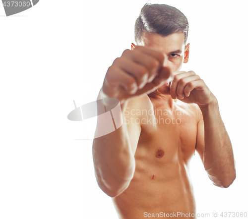 Image of young handsome naked torso man boxing on white background isolat