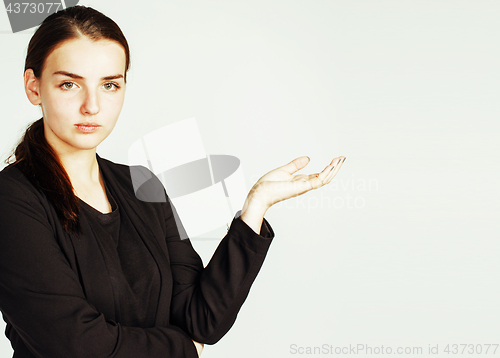 Image of young pretty businesswoman girl pointing on white background, business science people concept