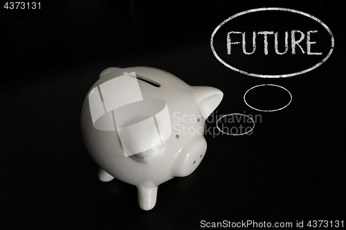 Image of Piggy bank with thought bubbles, thinking FUTURE