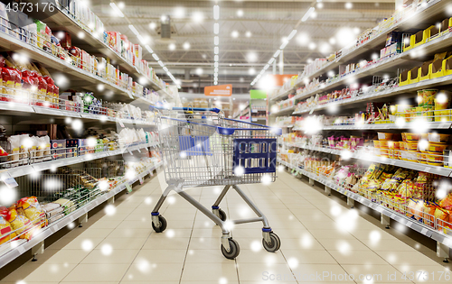 Image of empty shopping cart or trolley at supermarket