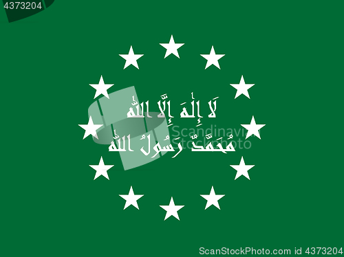 Image of Flag of EU in Muslim green-white design with traditional Islamic shahada