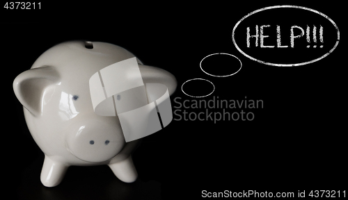 Image of Piggy bank with thought bubbles, thinking HELP