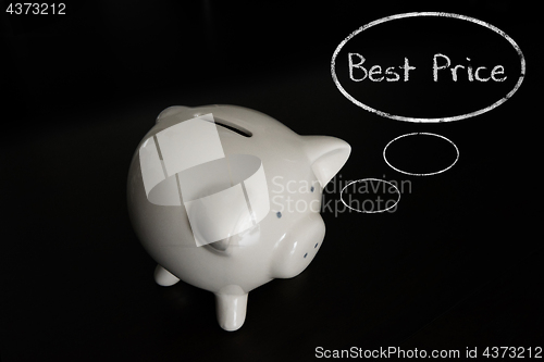 Image of Piggy bank with thought bubbles, thinking BEST PRICE