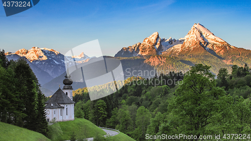 Image of Panoramic view of Maria Gern church with snow-capped summit of W