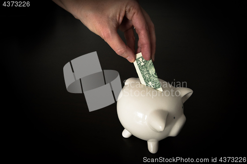 Image of Woman putting a US Dollar bank note into a piggy bank