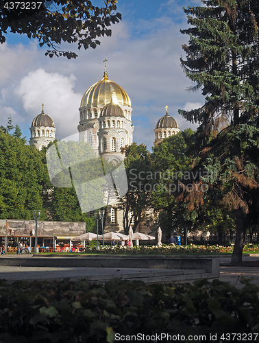 Image of editorial Riga, Latvia Christ of Orthodox Cathedral and park