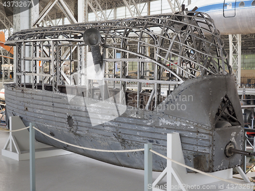 Image of interior passenger compartment frame of antique dirigible zeppel