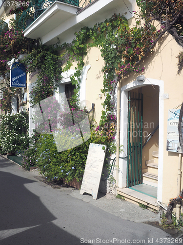 Image of editorial flowers on buiding entrance to restaurant and rooms to