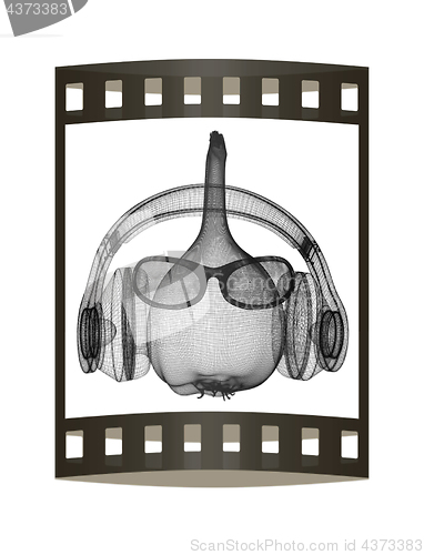 Image of Head of garlic with sun glass and headphones front \"face\" on a w