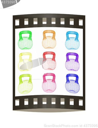Image of A set of sports items - weights. 3d illustration. The film strip