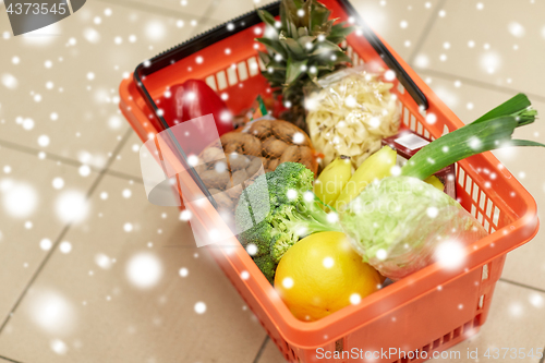 Image of food basket on grocery or supermarket floor