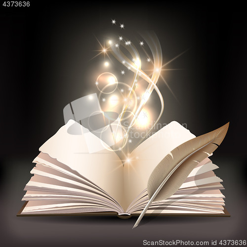 Image of Open book with mystic bright light and feather