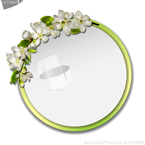 Image of Spring round frame with cherry branch blossom.