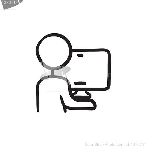 Image of Man working at his computer sketch icon.