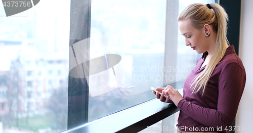 Image of Elegant Woman Using Mobile Phone by window in office building