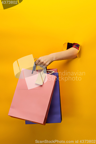 Image of Female hand holding bright shopping bags