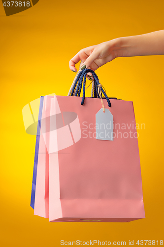 Image of Female hand holding bright shopping bags