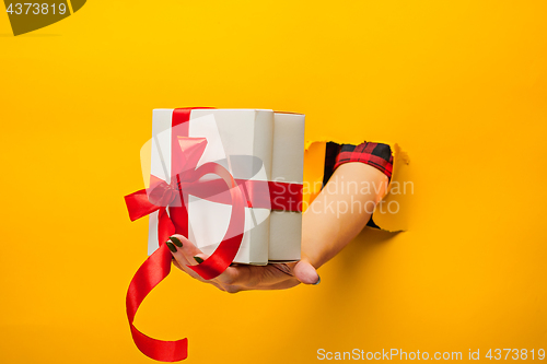 Image of close-up of female hand holding a present through a torn paper, isolated