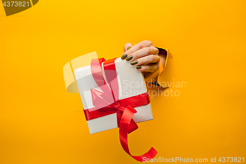 Image of close-up of female hand holding a present through a torn paper, isolated