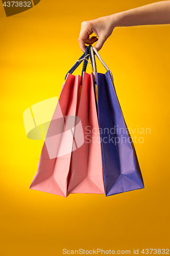 Image of Female hand holding bright shopping bags