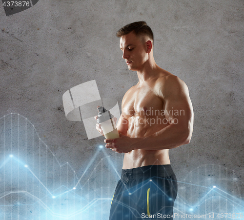 Image of young man or bodybuilder with protein shake bottle