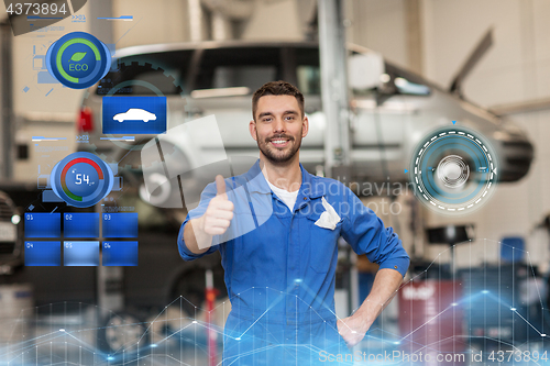 Image of happy auto mechanic man or smith at car workshop