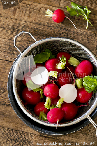 Image of Several red radishes in a sieve