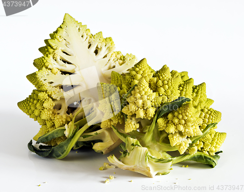 Image of A halved Romanesco broccoli on a white background