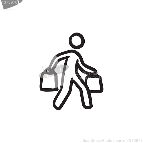 Image of Man carrying shopping bags sketch icon.