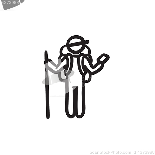 Image of Tourist backpacker with phone sketch icon.