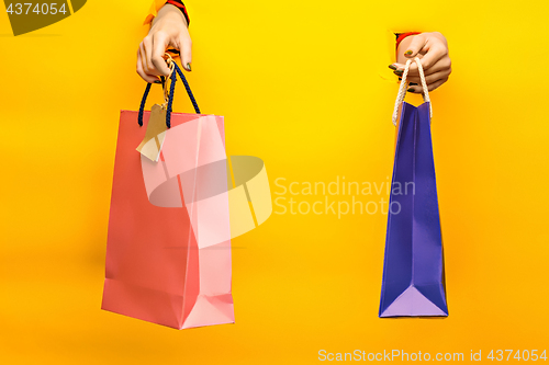 Image of Female hand holding bright shopping bags