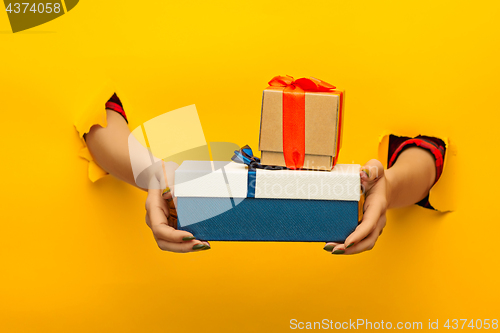 Image of close-up of female hand holding a present through a torn paper, isolated