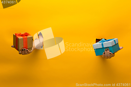 Image of close-up of female hand holding a present through a torn paper, isolated