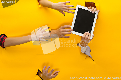 Image of close-up of female hand holding a present through a torn paper, isolated