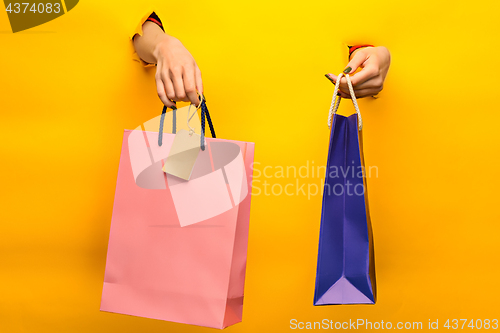 Image of Female hand holding bright shopping bags