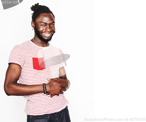 Image of young handsome afro american boy stylish hipster gesturing emotional isolated on white background smiling, lifestyle people concept