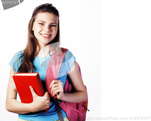 Image of young cute teenage girl posing cheerful against white background with books and backpack isolated, lifestyle people concept