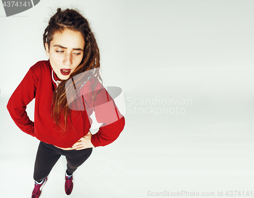 Image of real caucasian woman with dreadlocks hairstyle funny cheerful faces on white