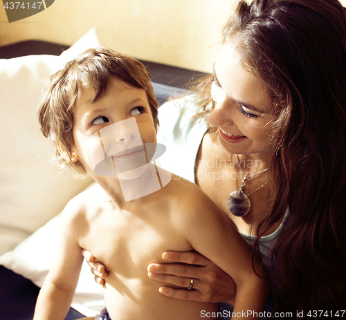 Image of mother with son, happy family at home