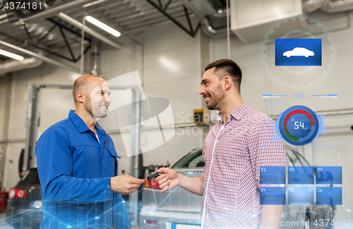 Image of auto mechanic giving key to man at car shop