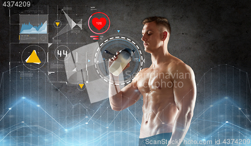 Image of young man or bodybuilder with protein shake bottle